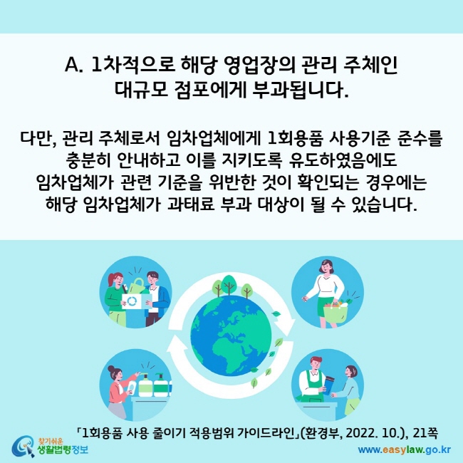 A. 1차적으로 해당 영업장의 관리 주체인  대규모 점포에게 부과됩니다.   다만, 관리 주체로서 임차업체에게 1회용품 사용기준 준수를  충분히 안내하고 이를 지키도록 유도하였음에도  임차업체가 관련 기준을 위반한 것이 확인되는 경우에는 해당 임차업체가 과태료 부과 대상이 될 수 있습니다. 「1회용품 사용 줄이기 적용범위 가이드라인」(환경부, 2022. 10.), 21쪽